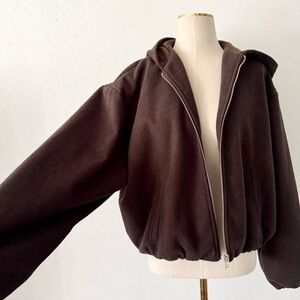 ZARA Elastic Hem Hoodie Zip Up Jacket Women's Size Large Brown Hooded Crop Felt